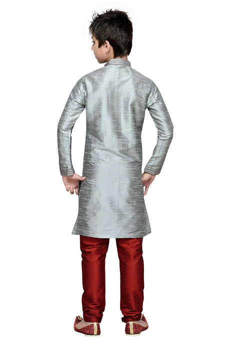 Boys Gray Silk Resham Thread Embroidered Kurta Pajama Set