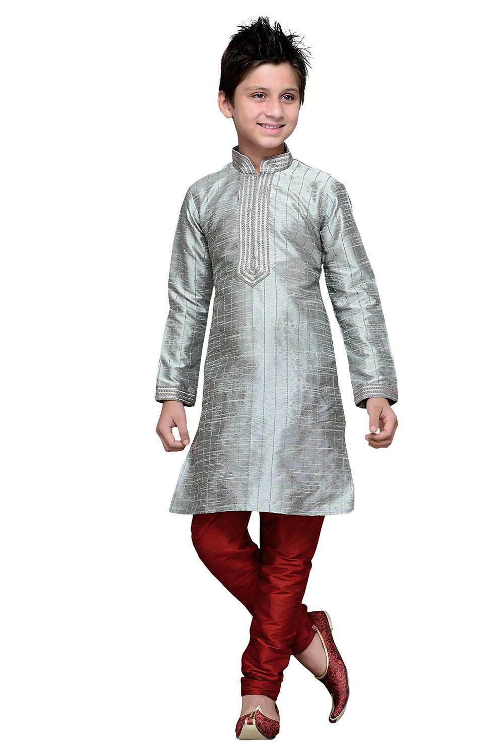 Boys Gray Silk Resham Thread Embroidered Kurta Pajama Set