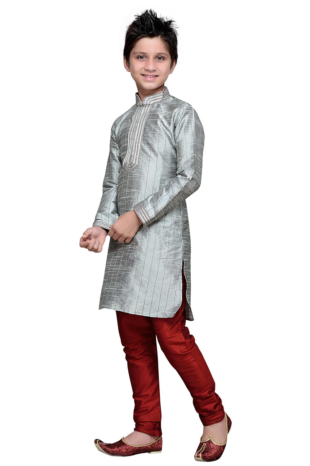 Boys Gray Silk Resham Thread Embroidered Kurta Pajama Set