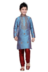 Boys Rama Green Silk Resham Thread Embroidered Kurta Pajama Set