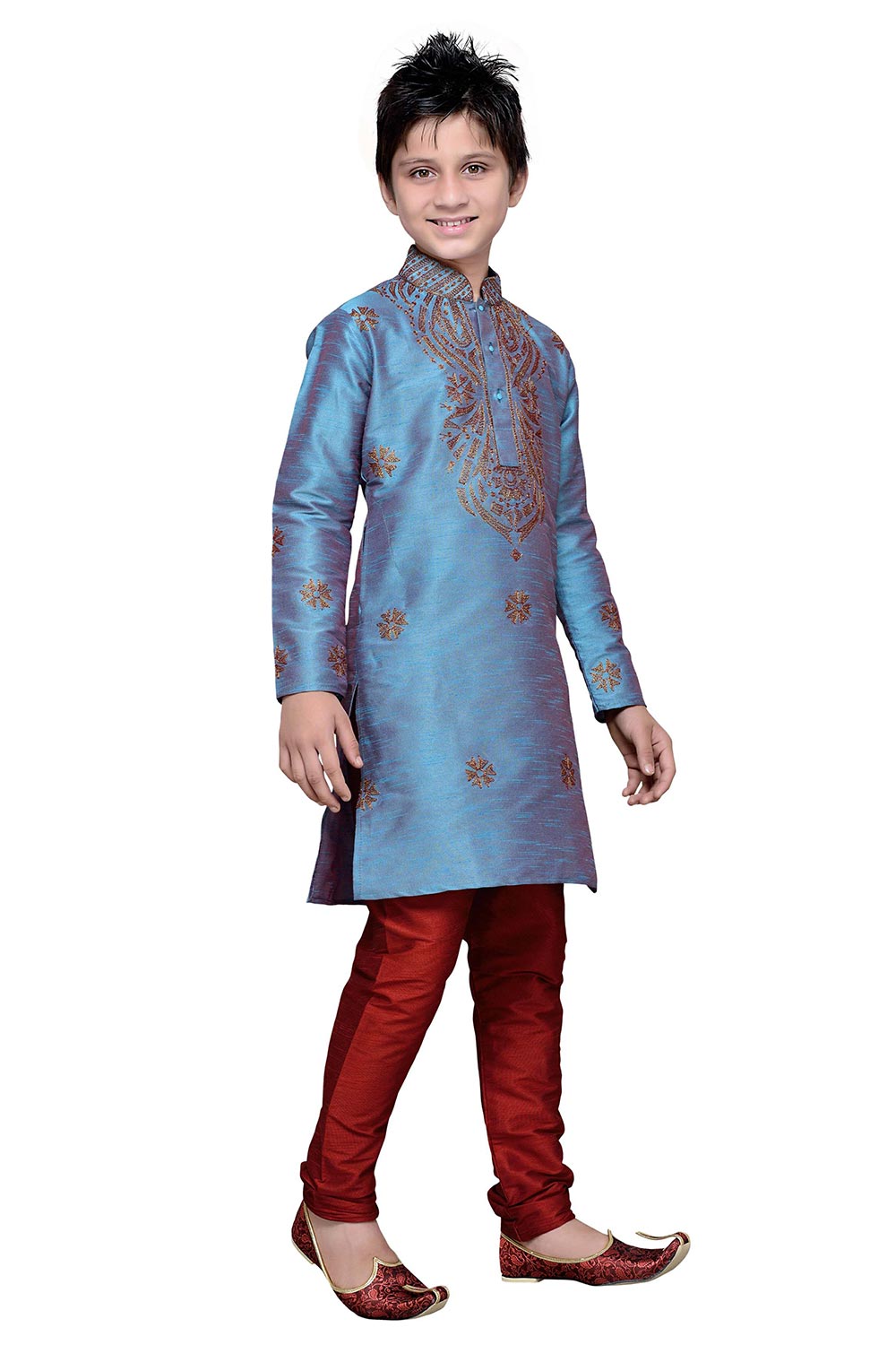 Boys Rama Green Silk Resham Thread Embroidered Kurta Pajama Set