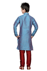 Boys Rama Green Silk Resham Thread Embroidered Kurta Pajama Set