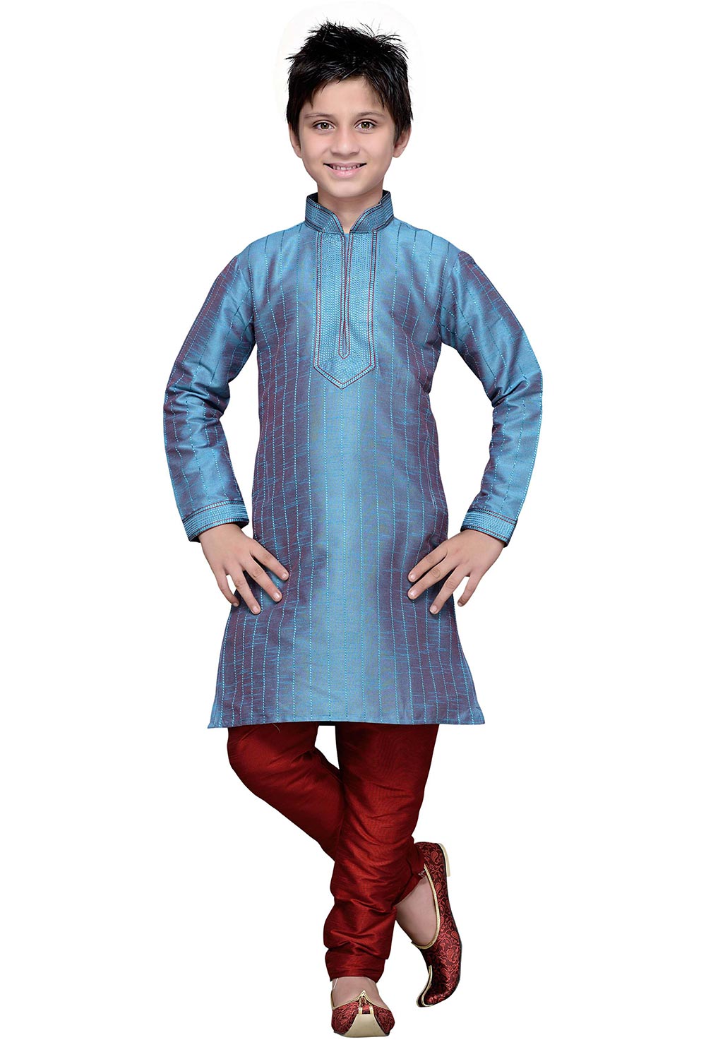 Boys Rama Green Silk Resham Thread Embroidered Kurta Pajama Set