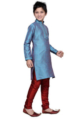 Boys Rama Green Silk Resham Thread Embroidered Kurta Pajama Set