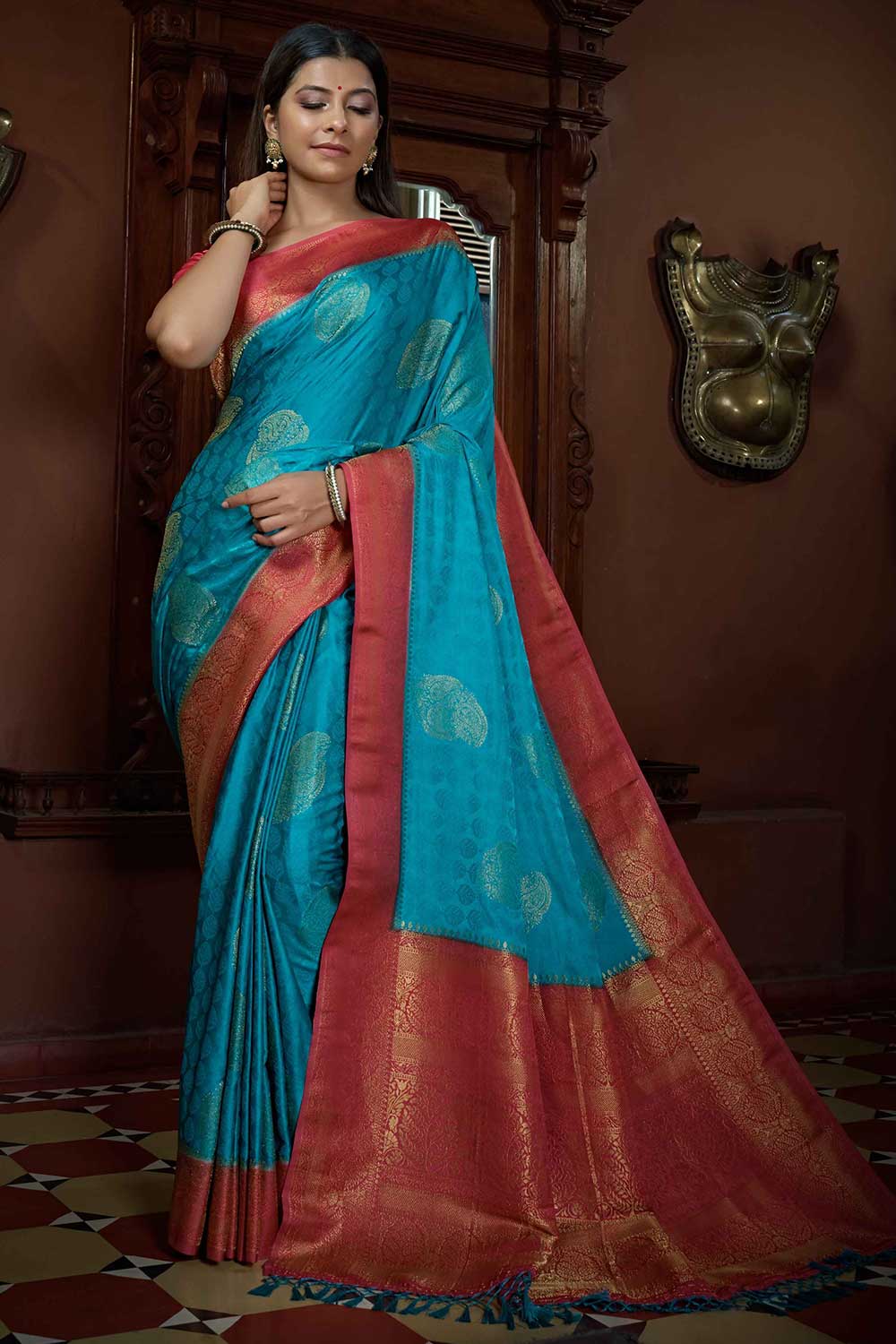 Blue Satin Silk Zari Saree