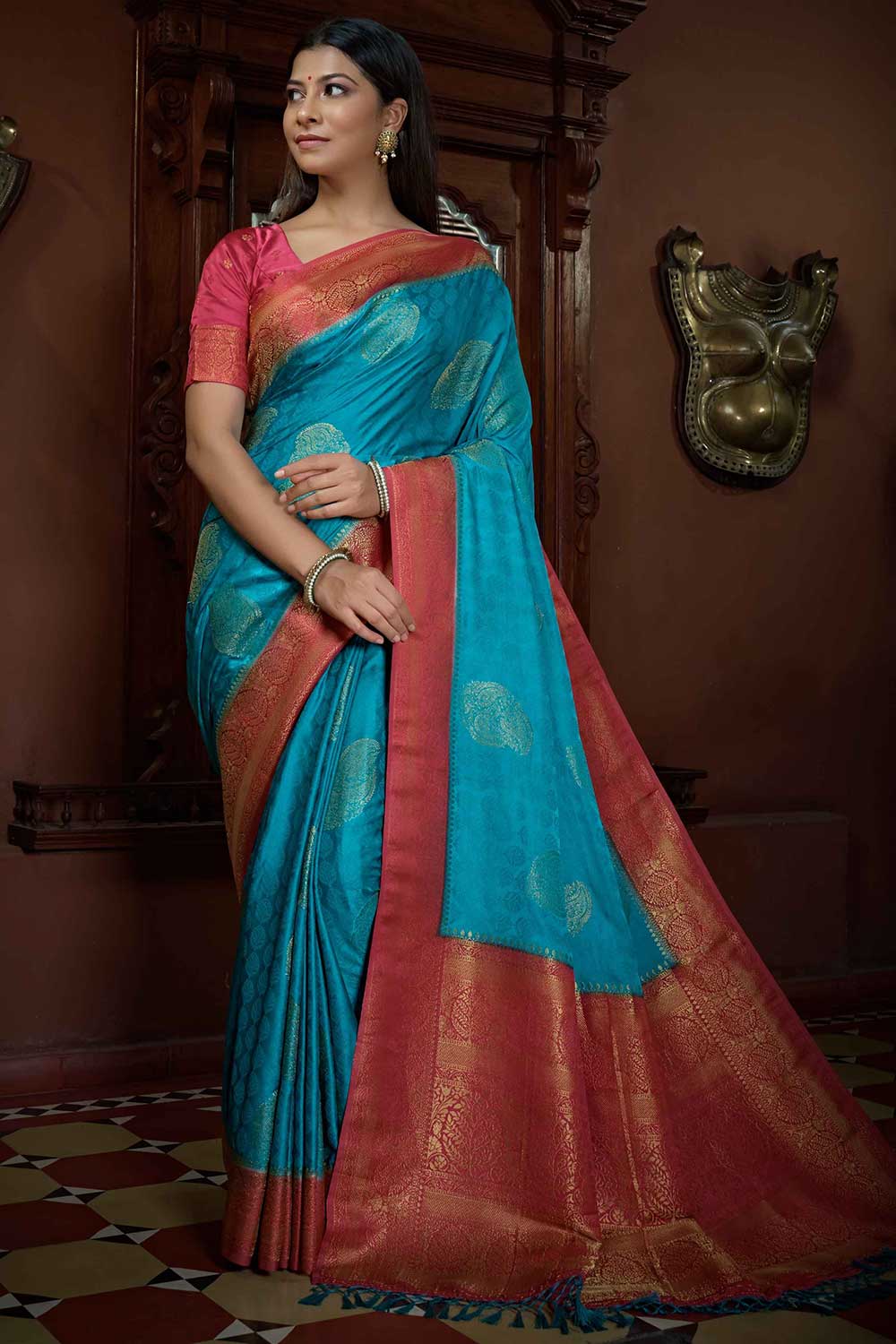 Blue Satin Silk Zari Saree