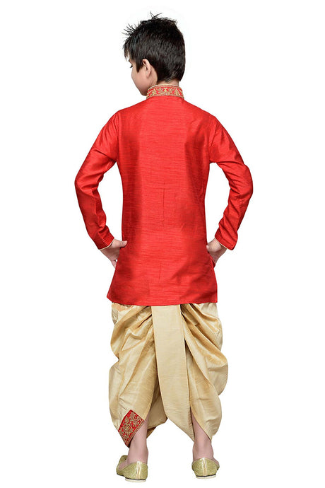Boys Red Silk Resham Thread Embroidered Kurta Pajama Set