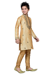 Boys Gold Silk Resham Thread Embroidered Kurta Pajama Set