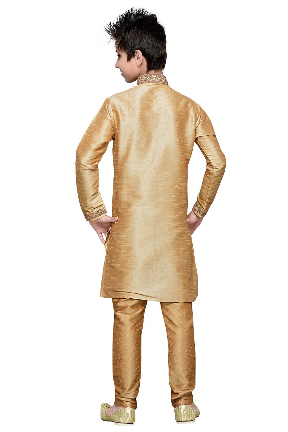 Boys Gold Silk Resham Thread Embroidered Kurta Pajama Set