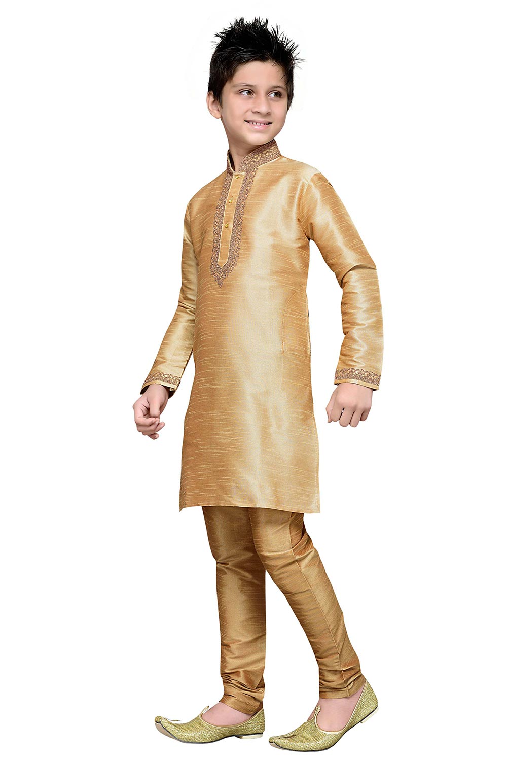 Boys Gold Silk Resham Thread Embroidered Kurta Pajama Set