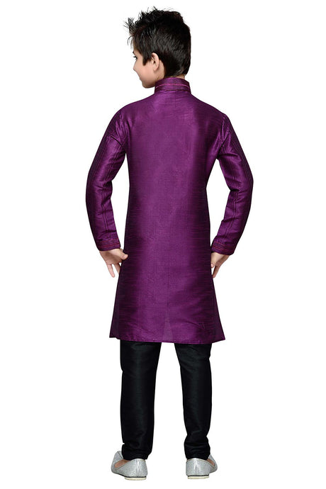 Boys Purple Silk Resham Thread Embroidered Kurta Pajama Set