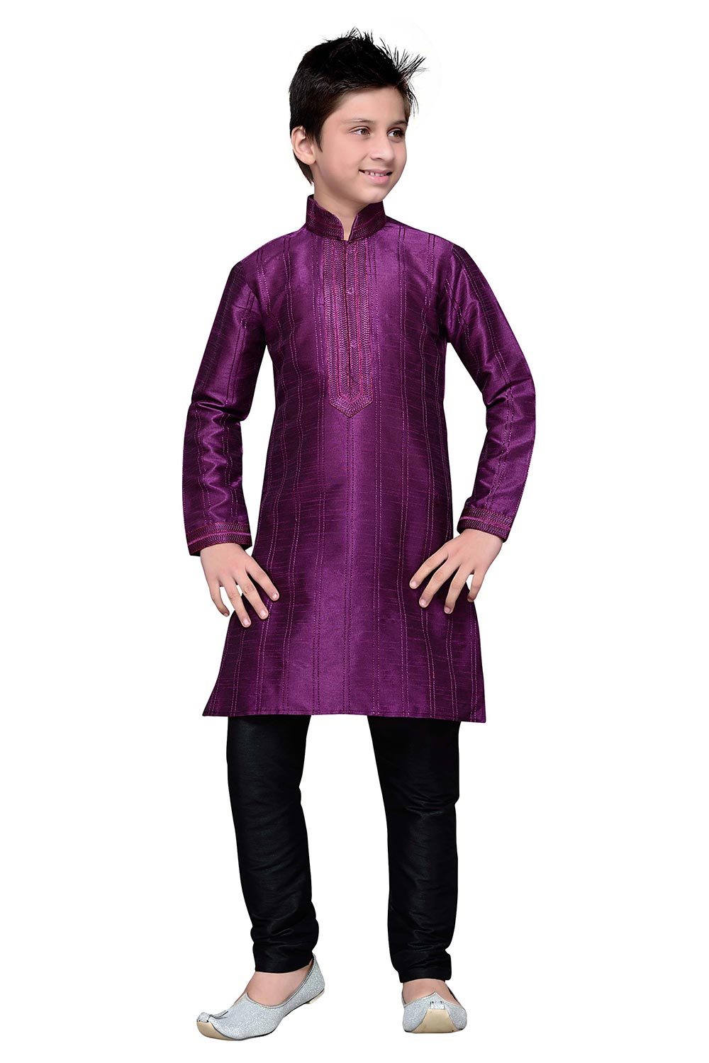 Boys Purple Silk Resham Thread Embroidered Kurta Pajama Set