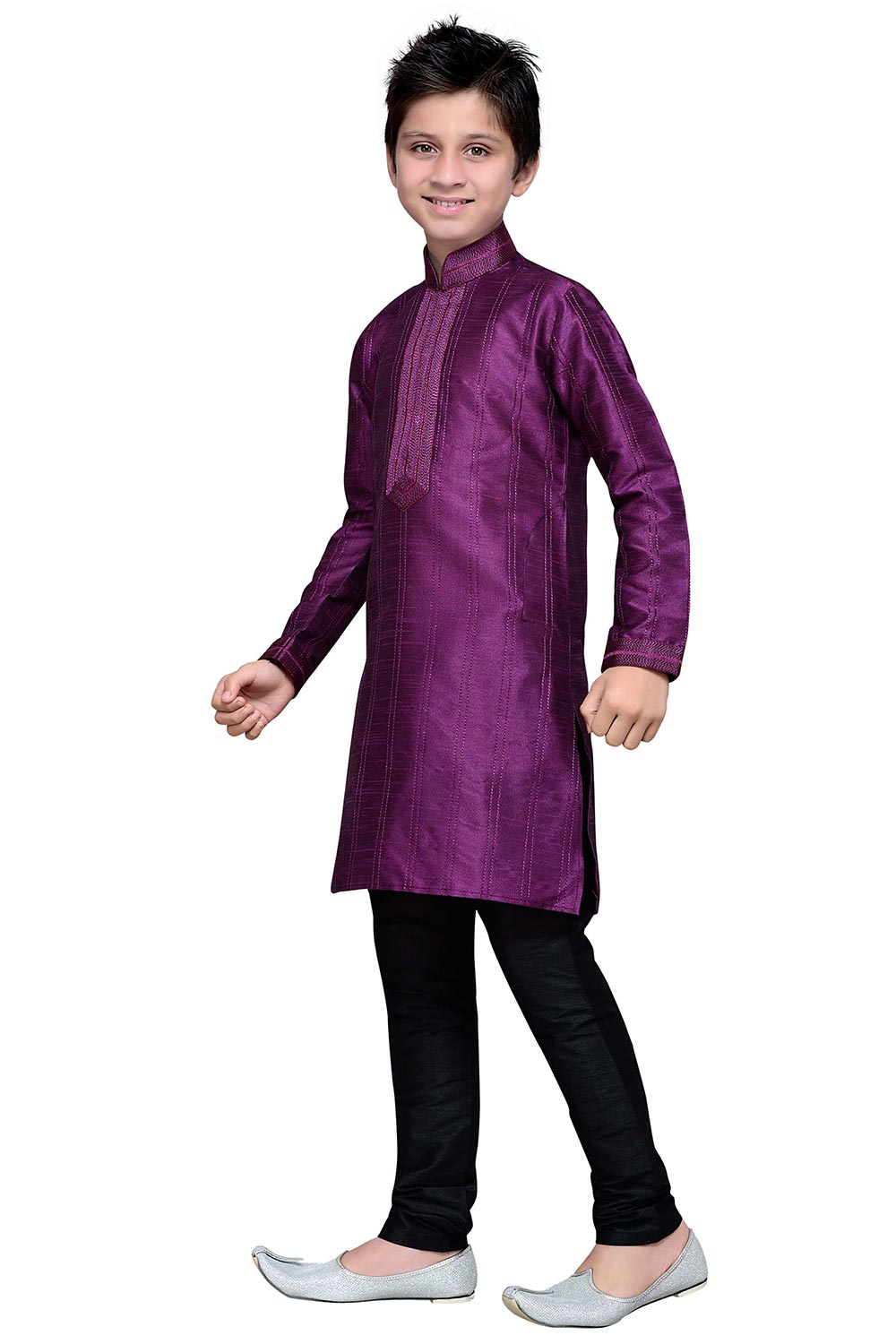 Boys Purple Silk Resham Thread Embroidered Kurta Pajama Set