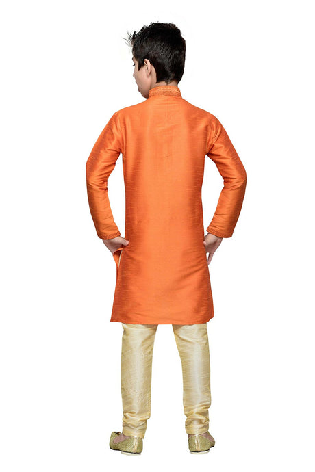 Boys Orange Silk Resham Thread Embroidered Kurta Pajama Set