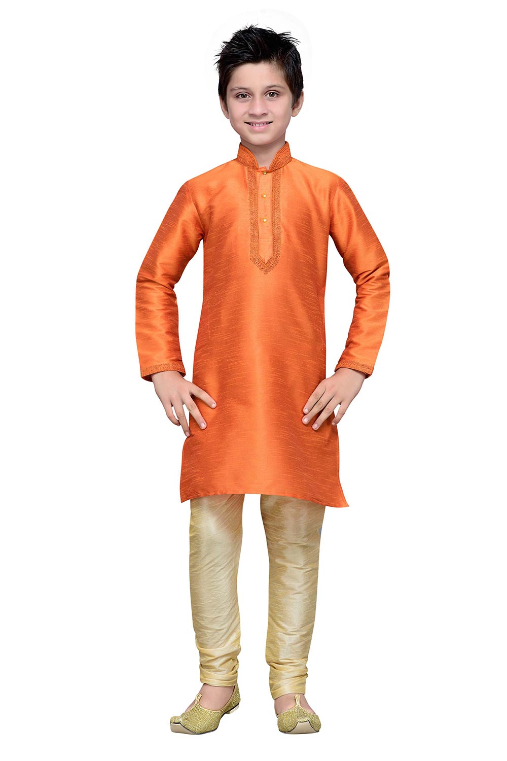 Boys Orange Silk Resham Thread Embroidered Kurta Pajama Set