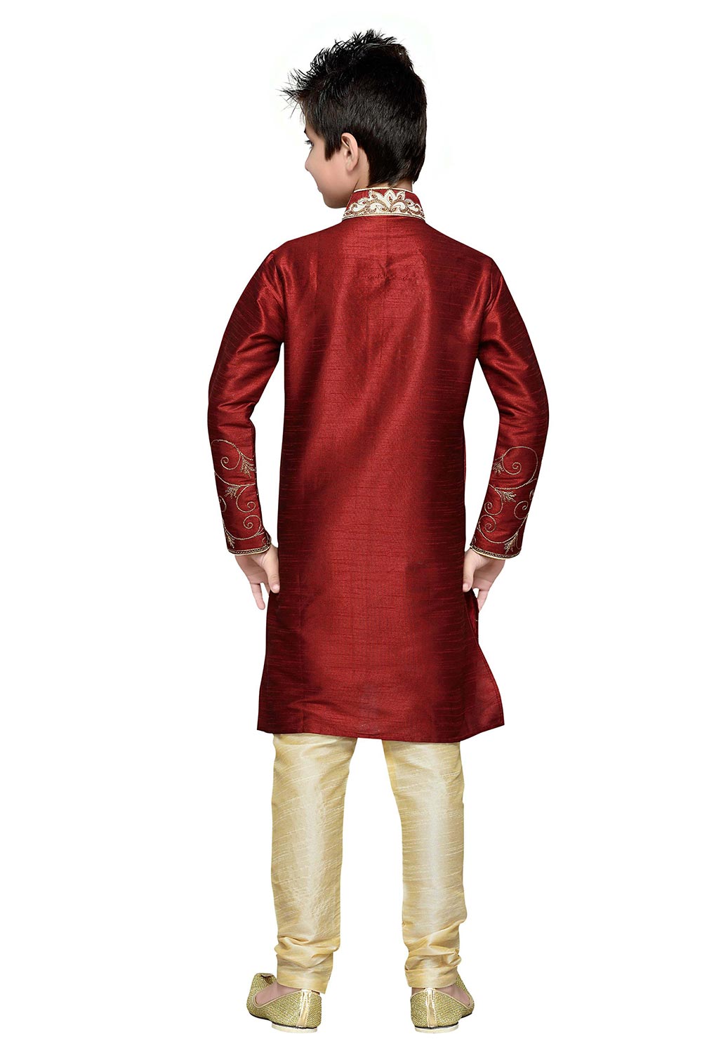 Boys Maroon Silk Embroidered Embellished Kurta Pajama Set