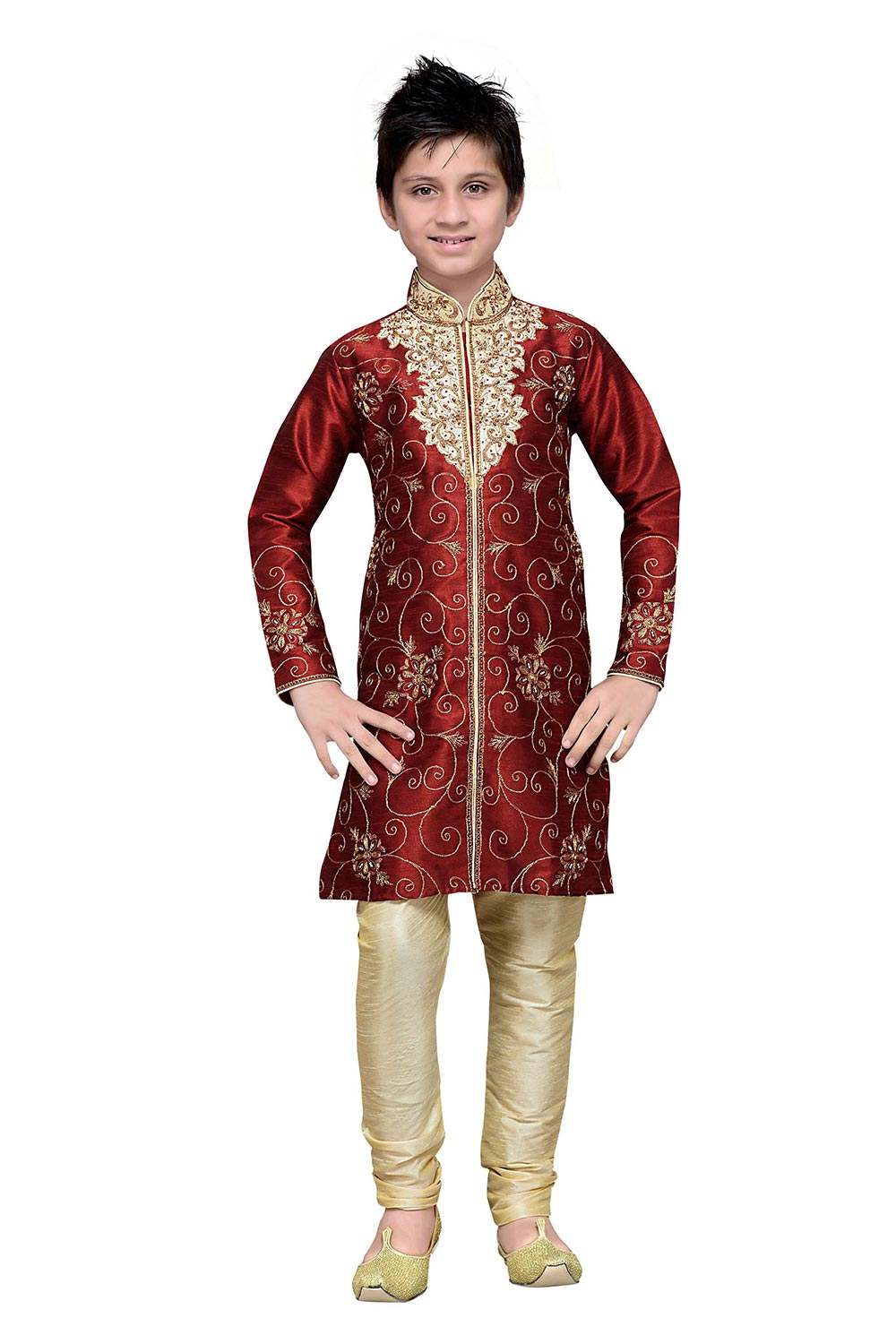 Boys Maroon Silk Embroidered Embellished Kurta Pajama Set