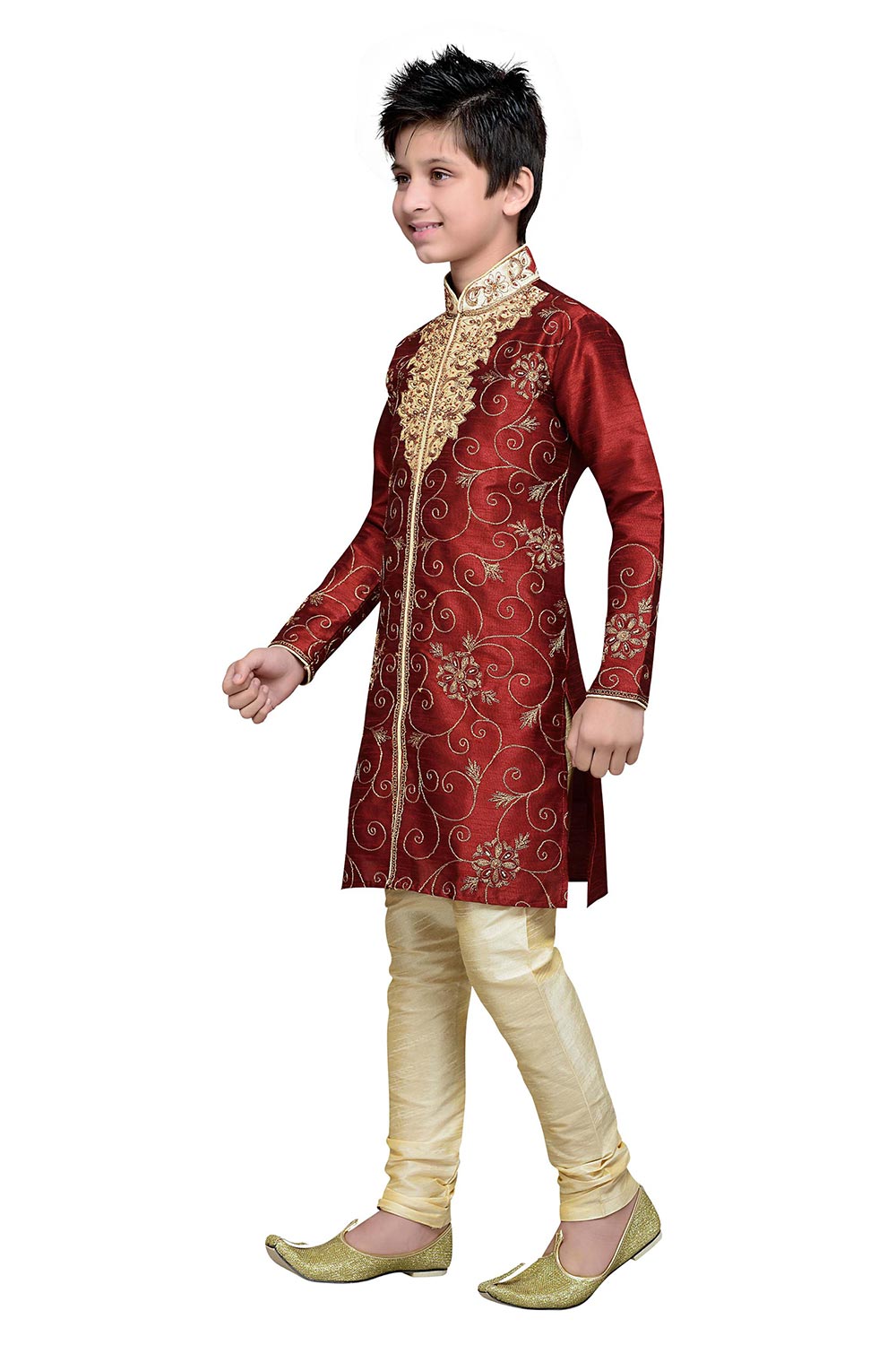 Boys Maroon Silk Embroidered Embellished Kurta Pajama Set