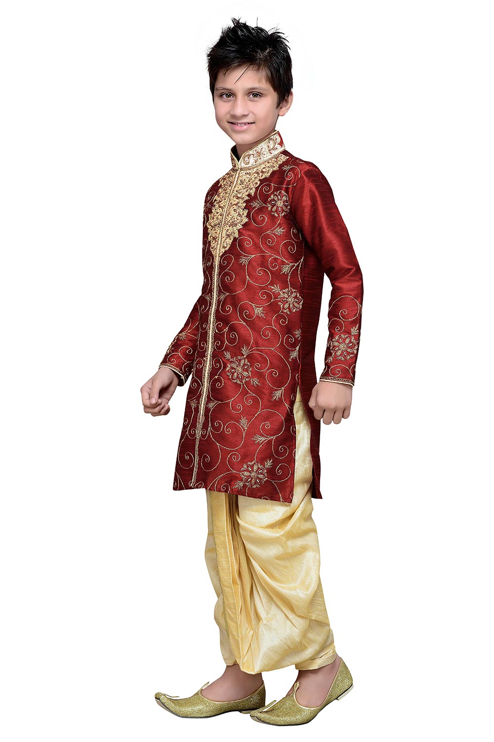 Boys Maroon Silk Embroidered Emblished Kurta Pajama Set