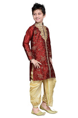 Boys Maroon Silk Embroidered Embellished Kurta Pajama Set