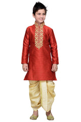 Boys Maroon Silk Resham Thread Embroidered Kurta Pajama Set