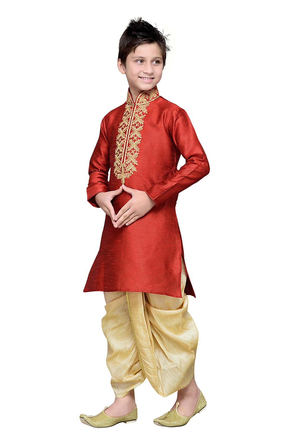 Boys Maroon Silk Resham Thread Embroidered Kurta Pajama Set