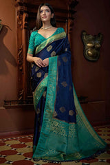 Navy Blue Satin Silk Zari Saree