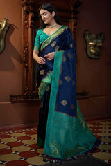 Navy Blue Satin Silk Zari Saree