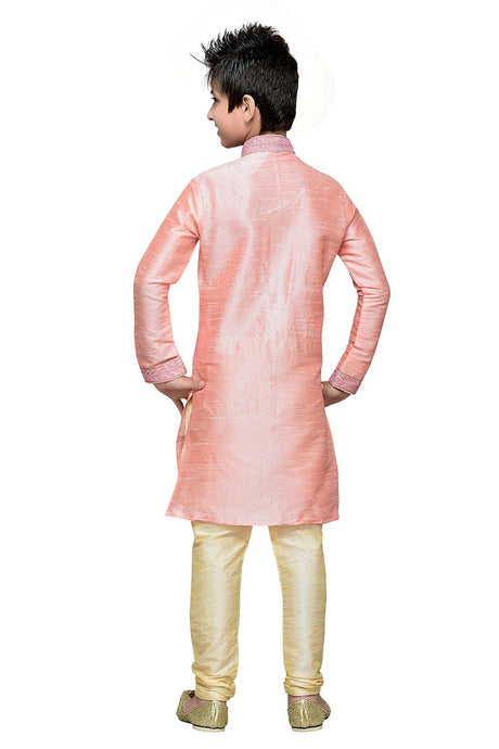 Boys Pink Silk Resham Thread Embroidered Kurta Pajama Set