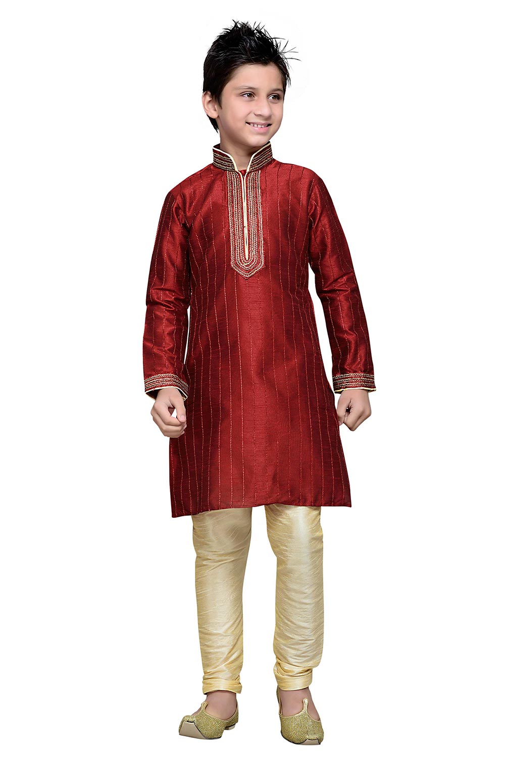 Boys Maroon Silk Resham Thread Embroidered Kurta Pajama Set