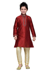 Boys Maroon Silk Resham Thread Embroidered Kurta Pajama Set