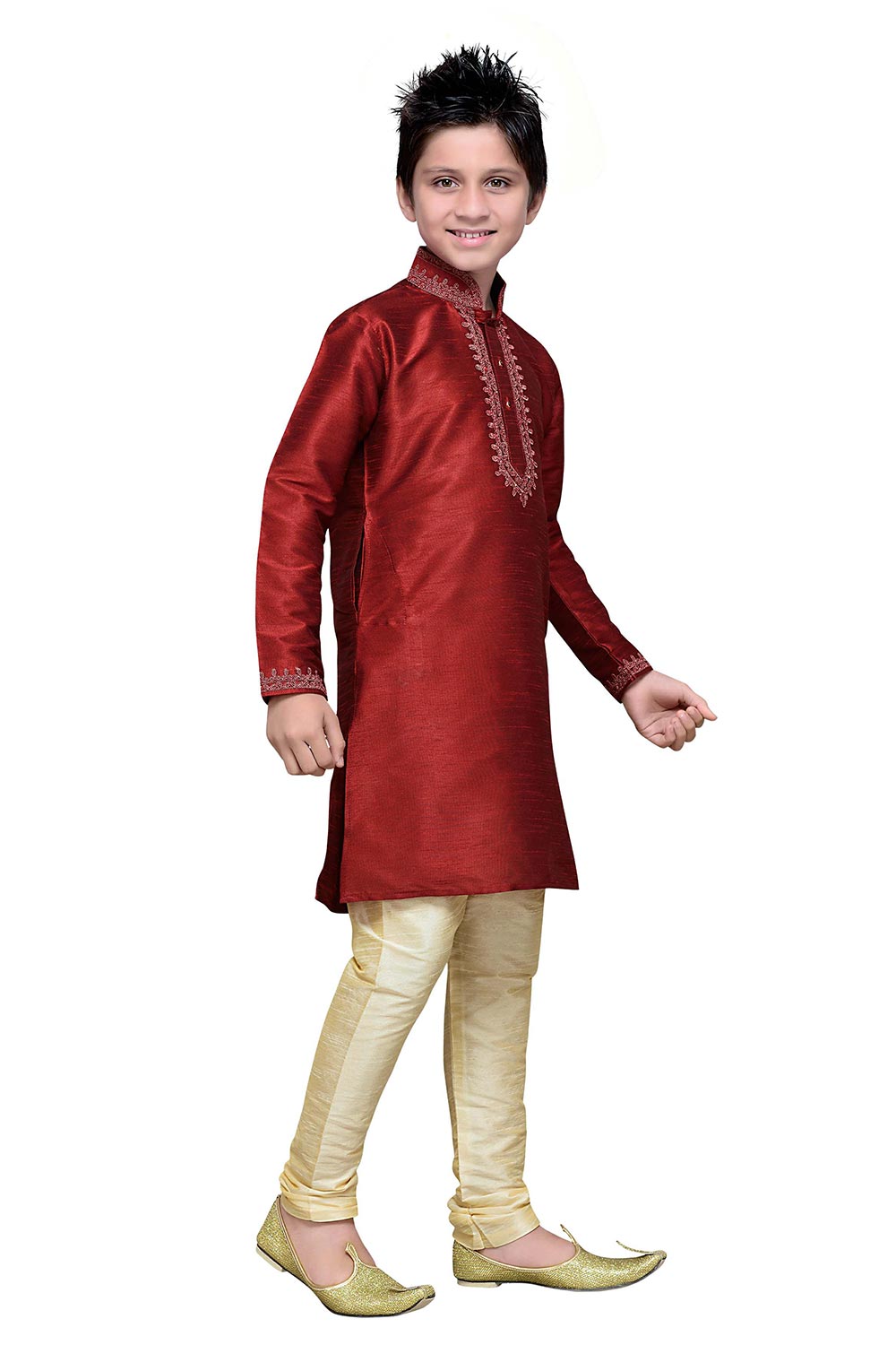 Boys Maroon Silk Resham Thread Embroidered Kurta Pajama Set