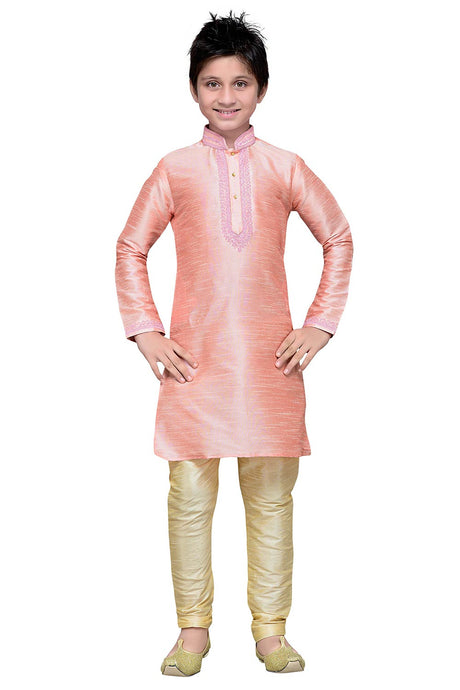 Boys Pink Silk Resham Thread Embroidered Kurta Pajama Set