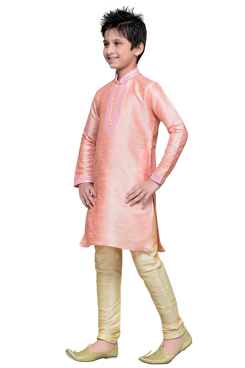 Boys Pink Silk Resham Thread Embroidered Kurta Pajama Set