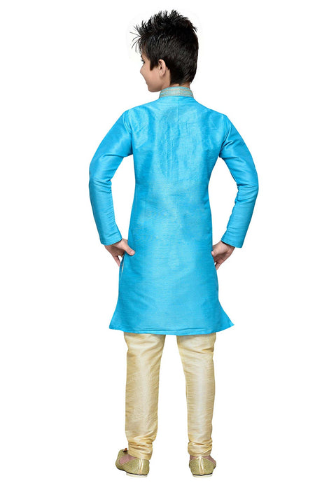 Boys Firoji Blue Silk Resham Thread Embroidered Kurta Pajama Set