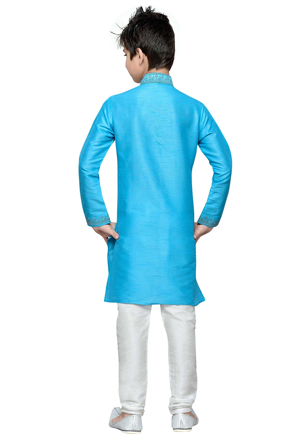 Boys Firoji Blue Silk Resham Thread Embroidered Kurta Pajama Set