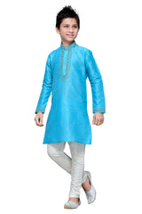 Boys Firoji Blue Silk Resham Thread Embroidered Kurta Pajama Set