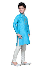 Boys Firoji Blue Silk Resham Thread Embroidered Kurta Pajama Set