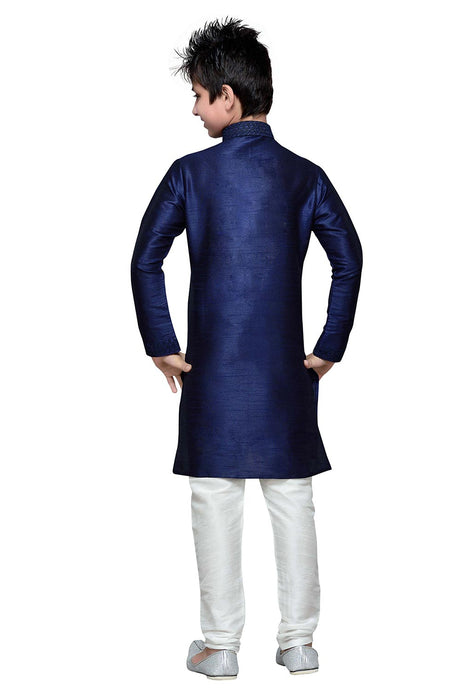 Boys Navy Blue Silk Resham Thread Embroidered Kurta Pajama Set