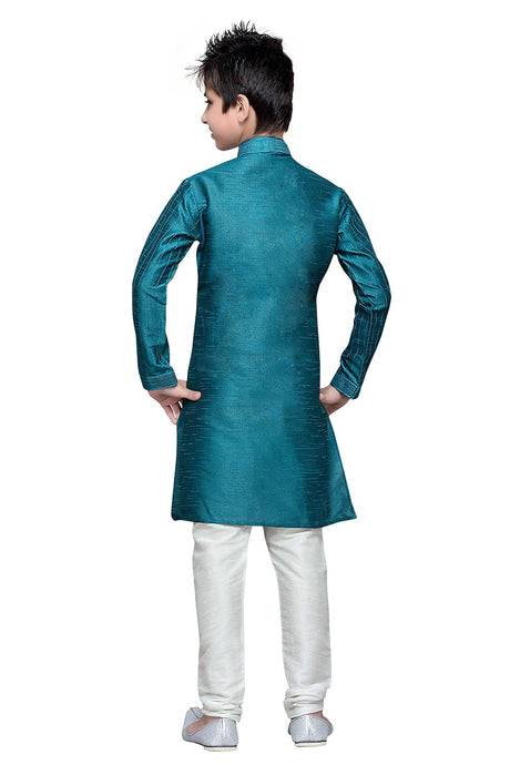 Boys Rama Green Silk Resham Thread Embroidered Kurta Pajama Set