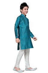 Boys Rama Green Silk Resham Thread Embroidered Kurta Pajama Set