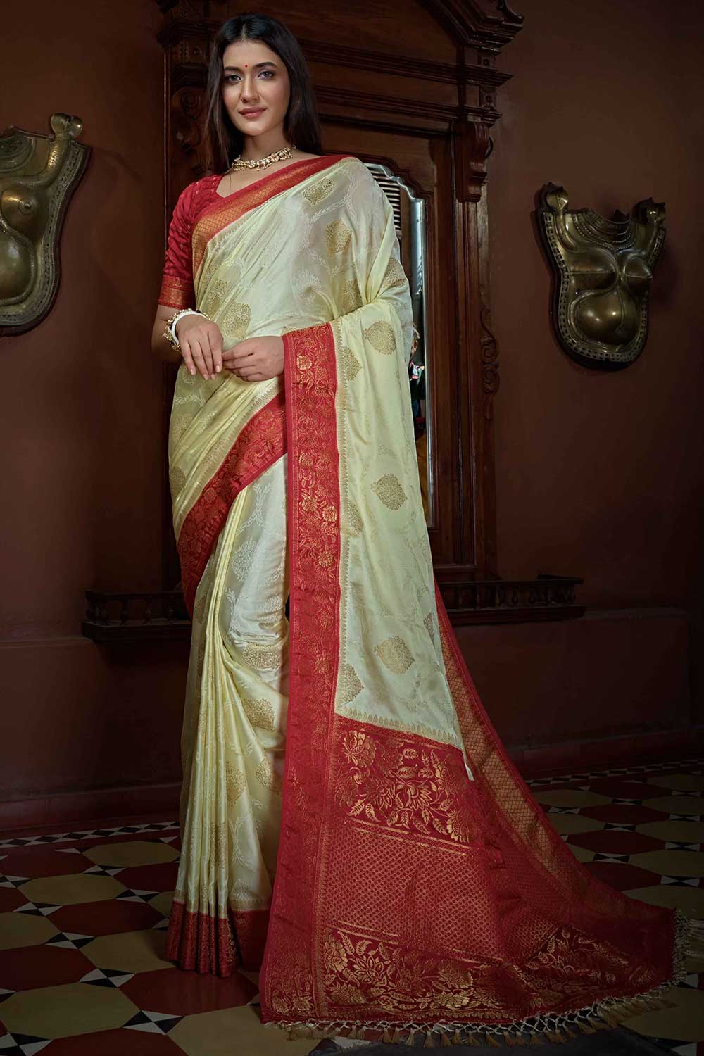 Off-White Satin Silk Zari Saree