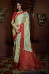 Off-White Satin Silk Zari Saree