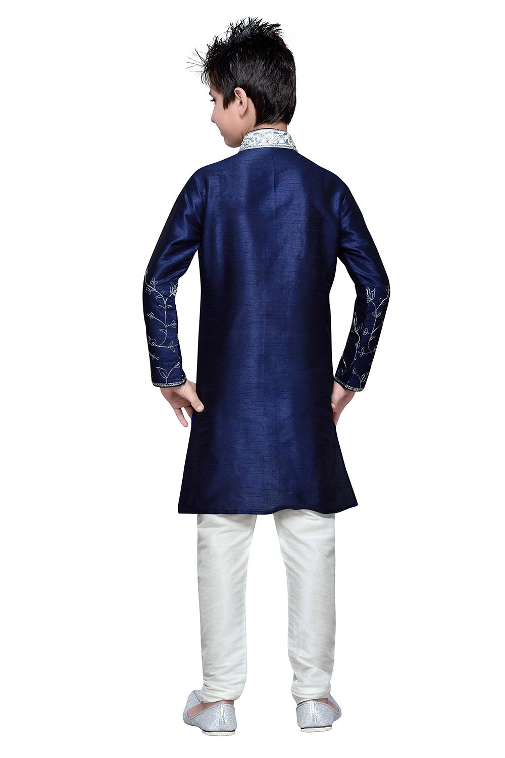 Boys Blue Silk Embroidered Embellished Kurta Pajama Set