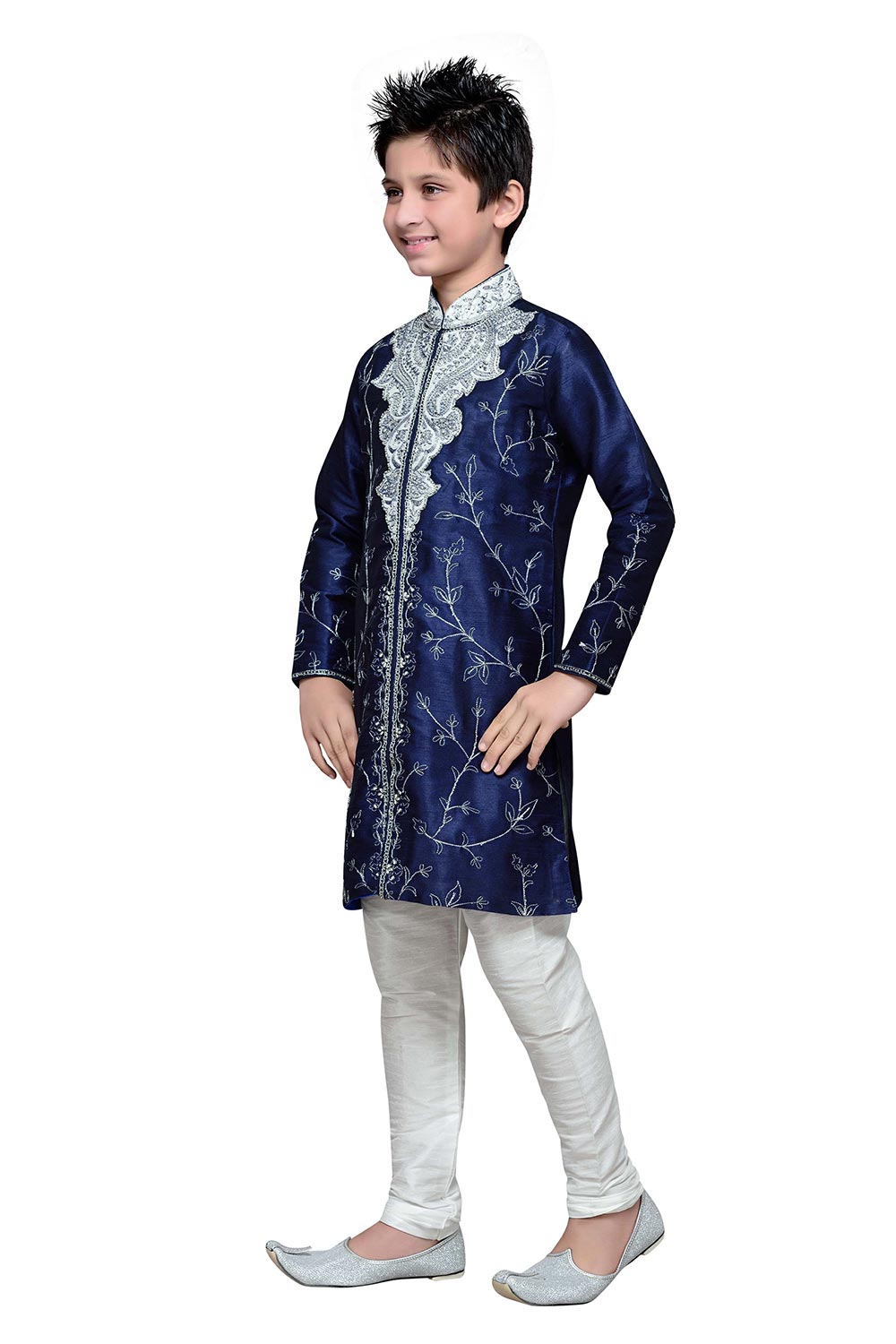 Boys Blue Silk Embroidered Embellished Kurta Pajama Set