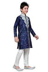 Boys Blue Silk Embroidered Embellished Kurta Pajama Set