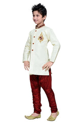 Boys Lemon Silk Neck Embroidered Kurta Pajama Set