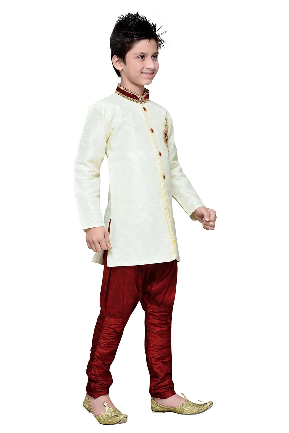 Boys Lemon Silk Neck Embroidered Kurta Pajama Set