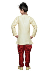 Boys Off White Silk Neck Embroidered Kurta Pajama Set