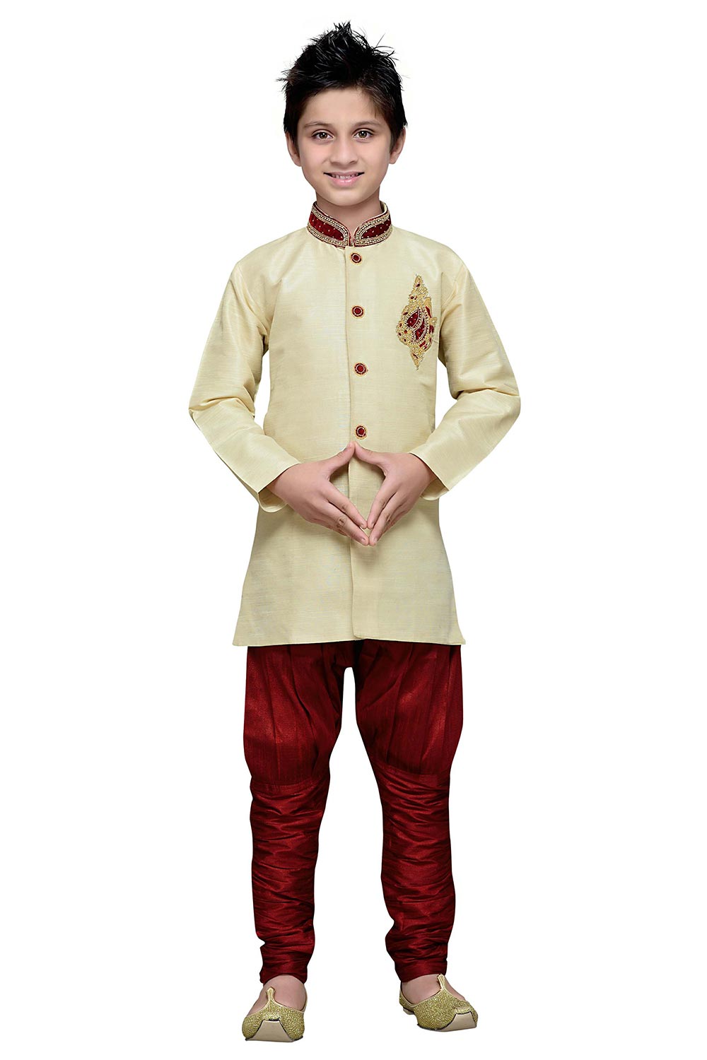 Boys Off White Silk Neck Embroidered Kurta Pajama Set